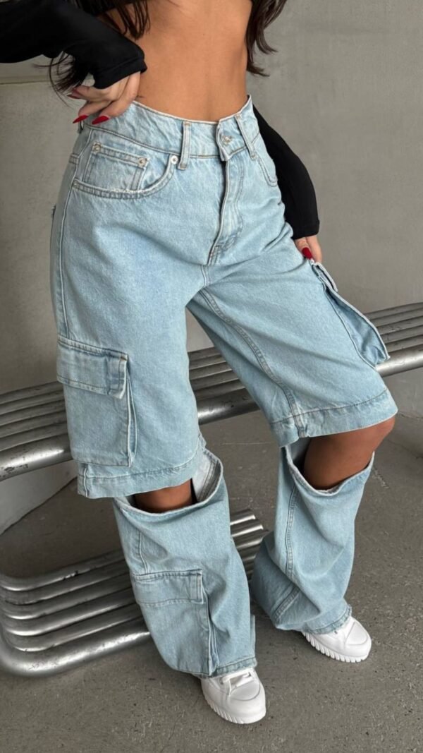 Light Blue Knee Detailed Cargo Pants - Image 2