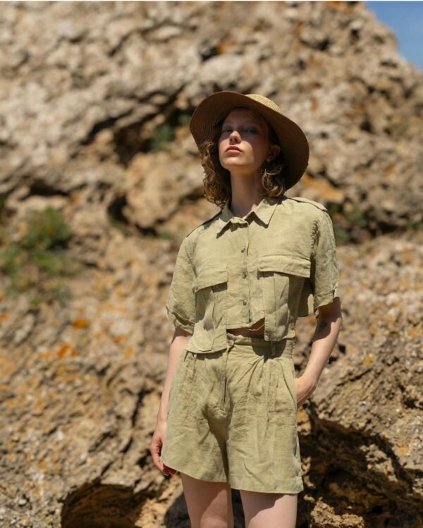 Linen Khaki Shorts Set