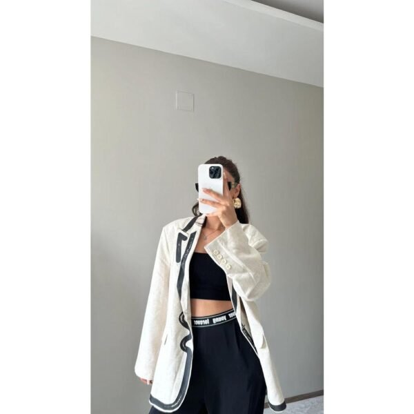 Beige Blazer Black Embroidered