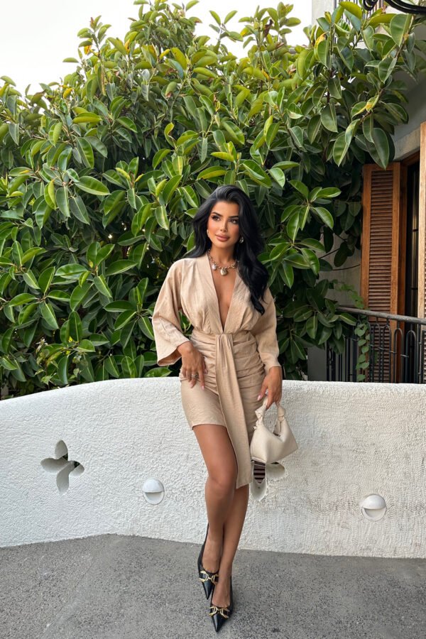 Beige Sides Shirred Mini Dress - Image 2