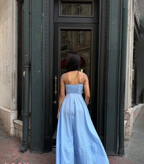 Thin Straps And Ruffle Detail Blue Long Dress - Image 2