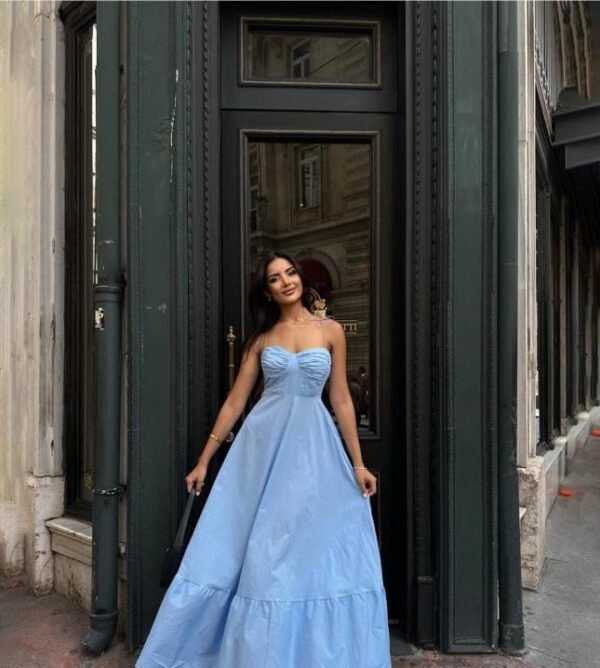 Thin Straps And Ruffle Detail Blue Long Dress