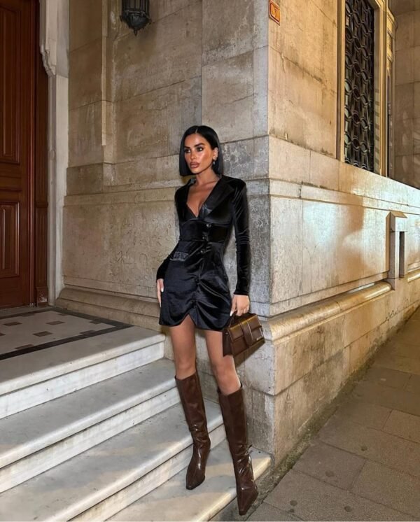 Velvet Button Detailed Mini Dress