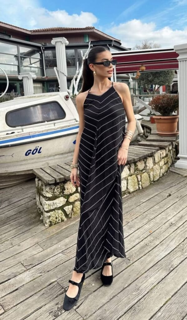 Striped Asymmetric Black Viscose Strap Dress