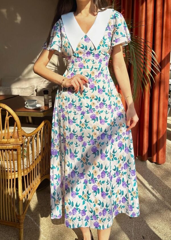 Purple Floral Patterned Collar Midi Dress