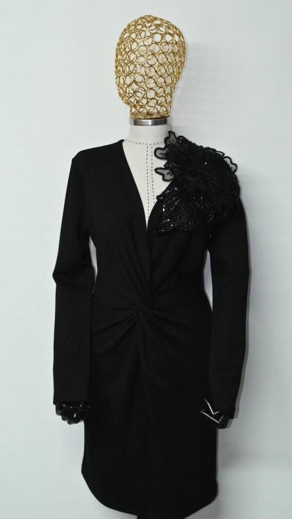 Black Brooch Detailed Mini Evening Dress - Image 2