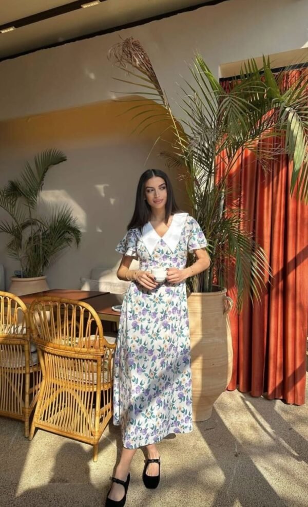 Purple Floral Patterned Collar Midi Dress - Image 3