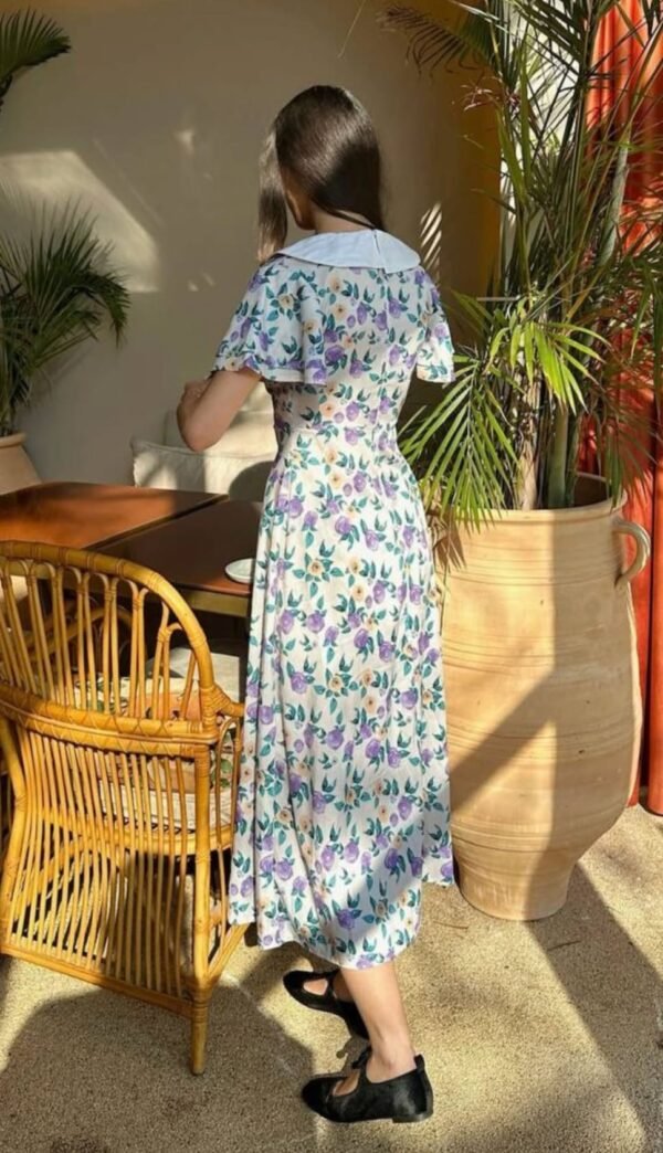 Purple Floral Patterned Collar Midi Dress - Image 2
