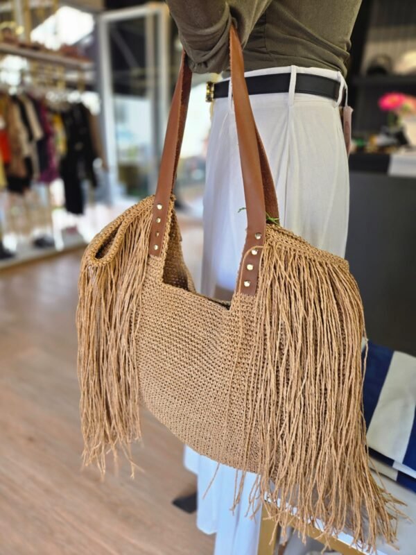 Brown Fringed Bag with Leather Straps