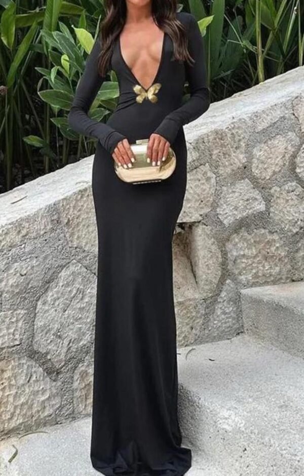 Butterfly Detailed Long Black Dress