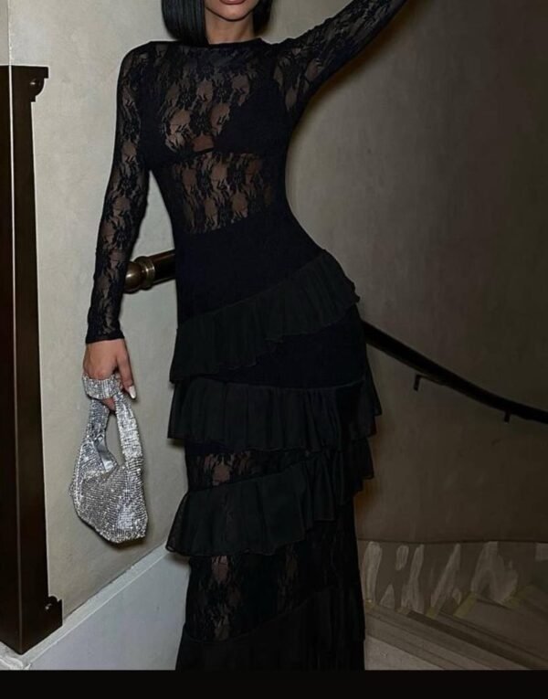 Black Knit Lace Long Dress - Image 4