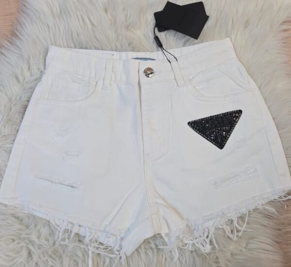 Rhinestone Triangle Patch White Denim Shorts