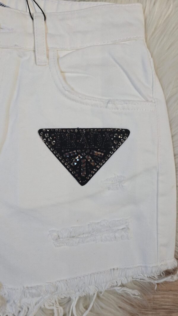 Rhinestone Triangle Patch White Denim Shorts - Image 4