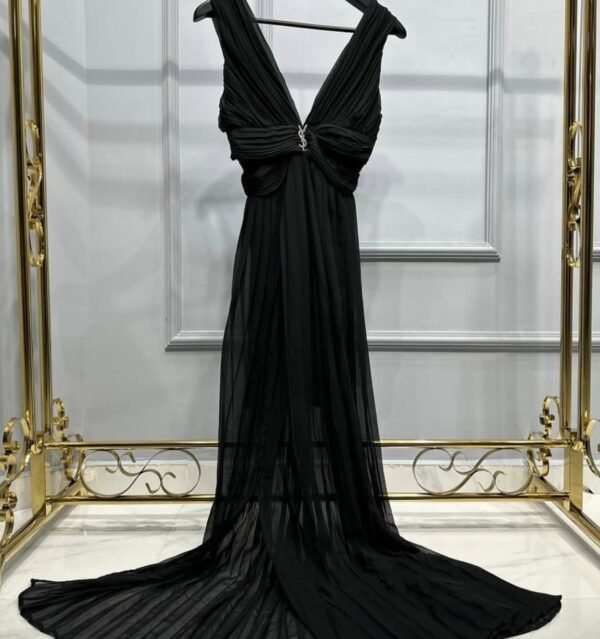 YSL Brooch Detailed Pleated Long Dress
