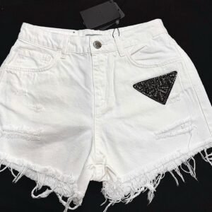 Prada Rhinestone Triangle Patch White Denim Shorts