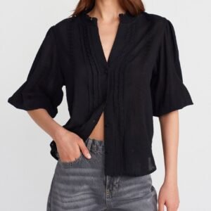 Balloon Sleeve Rib-Textured Shirt