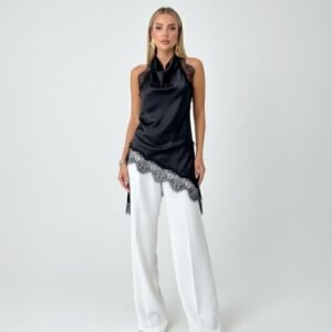 Kas High Neck Lace Trim Asymmetric Top