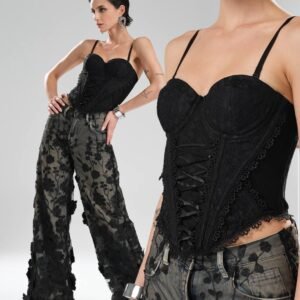 Lace-Up Corset Top with Decorative Trim