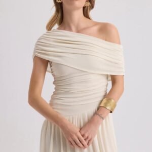 Ruched Asymmetrical Drape Cinched Waist Maxi Dress