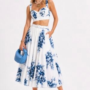 Blue Flower White Long Skirt Set